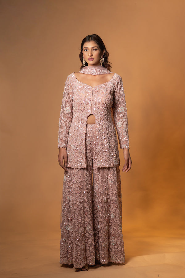 Rose pink Front Slit Hand Embroidered Sharara