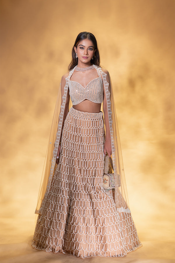 Beige Pearl Embroidered Lehenga set