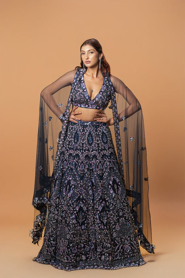 Midnight Blue Net Sequins Lehenga