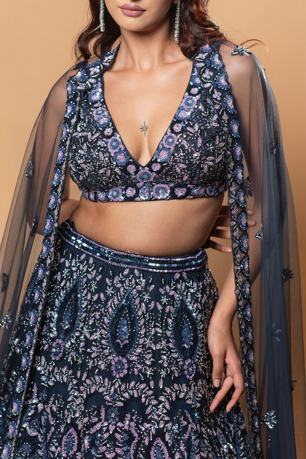 Midnight Blue Net Sequins Lehenga