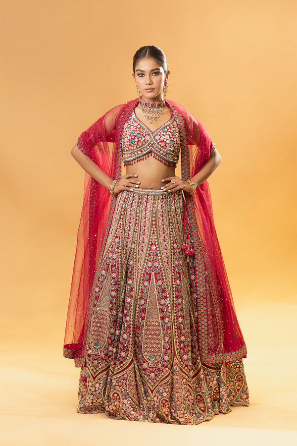 Burgundy Red Silk Organza Embellished & Printed Lehenga Set