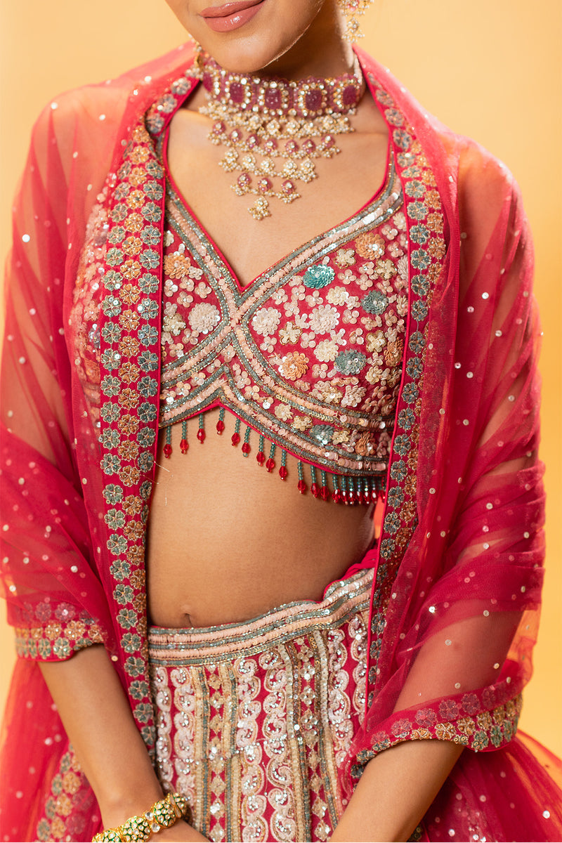 Burgundy Red Silk Organza Embellished & Printed Lehenga Set