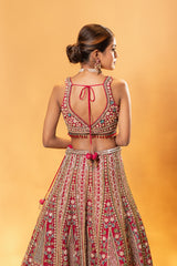 Burgundy Red Silk Organza Embellished & Printed Lehenga Set