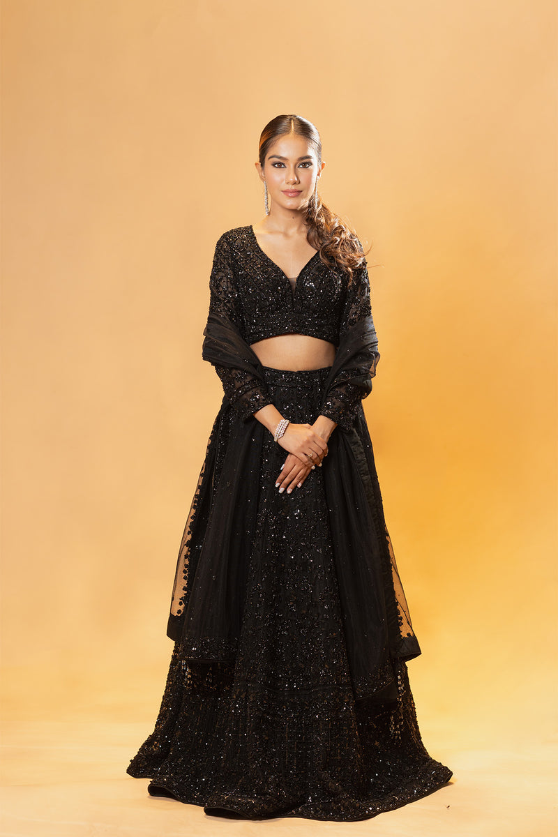 Black Chantilly Net Embroidered Lehenga Set